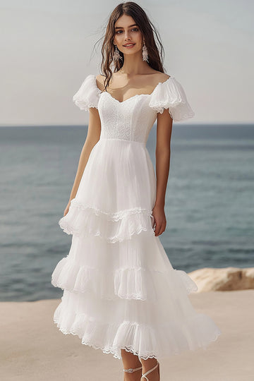 A Line Ruffle Sleeve Tiered Asymmetrical Graduation Dress